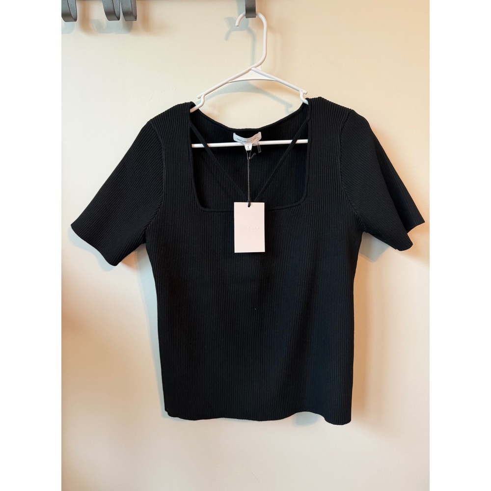 Grey Lab Ribbed Knit Square Neck Crisscross Strap Short Sleeve Top Black Large